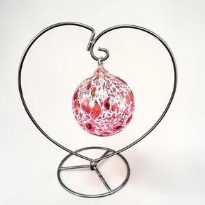 Hand Blown Glass Friendship Ball Ornament Pink White Speckled Heart Stand VTG